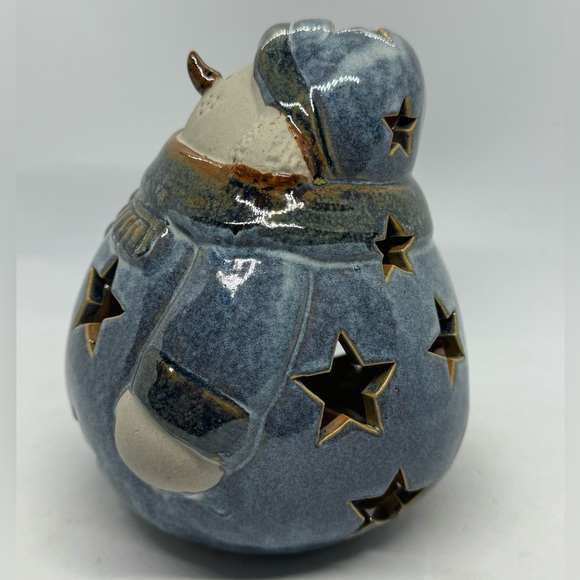 Ceramic Blue Holiday Snowman Tea Light Candle Holder with Star Cut Outs - Picture 3 of 8